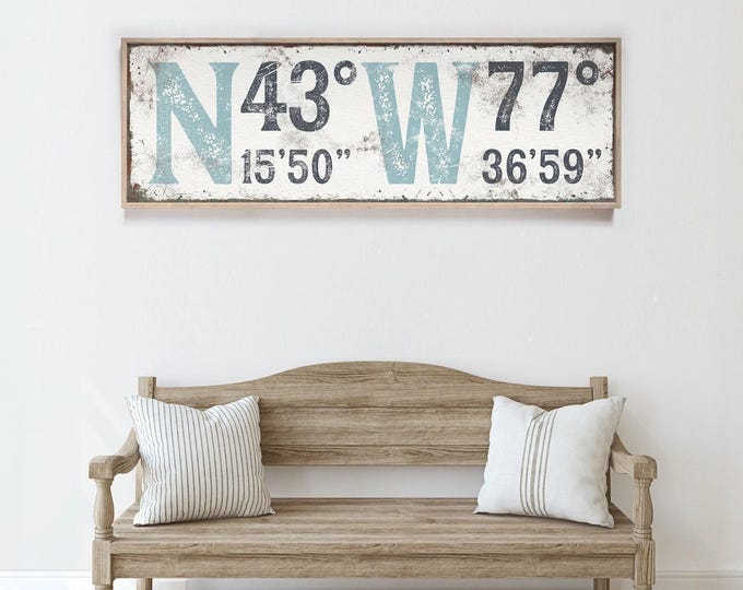 Vintage blue white charcoal art sign, custom GPS coordinates in big letters