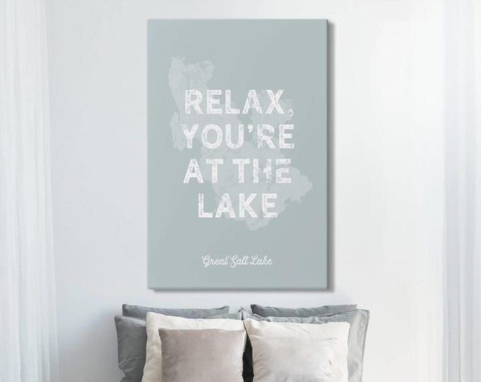 Custom Lake Map, Great Salt Lake Relax Quote White Gray Lake House Wall Decor