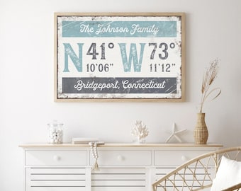 Coordinates Wall Art: Custom Last Name, Vintage Farmhouse Style - Blue Gray