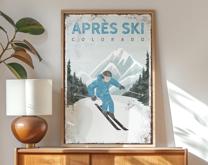 Vintage Ski Lodge Decor, Apres Ski Colorado Sign, Cerulean Ski Poster, Custom Ski Gift for Him, Vertical Ski Print, Male Skier, vpw