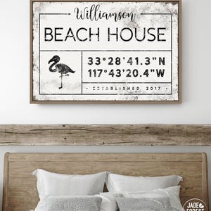 Personalized Beach House Sign, Vintage Coastal Flamingo Art Print