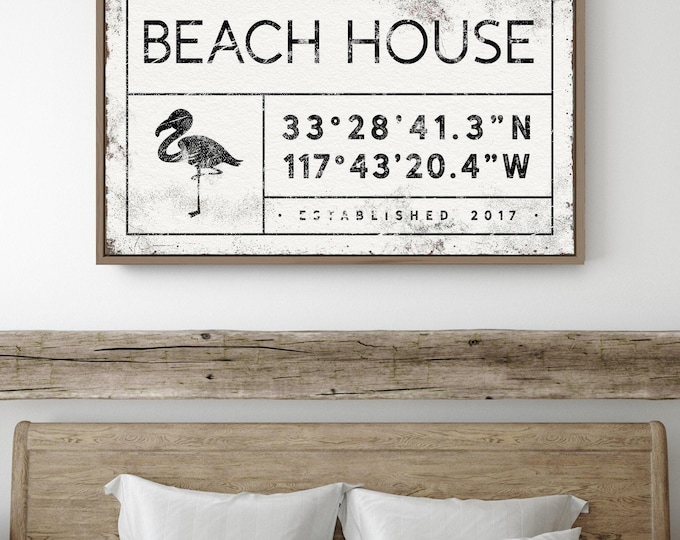 Beach House Sign, Flamingo Art Print, Large Canvas, Vintage Coastal Wall Decor, Custom Family Name, Latitude Longitude Coordinates {gdw}