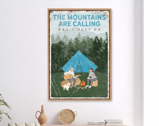 personalized vintage CAMPING POSTER with dogs, couple camping by the fire with Maltipoo, custom text, Mountains are Calling in sample {vpt}