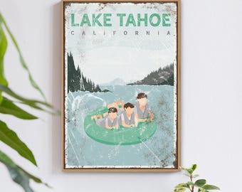 Lake Tahoe Sign with Family Tubing Scene, Custom Mint Lake House Wall Art, California Cabin Gift