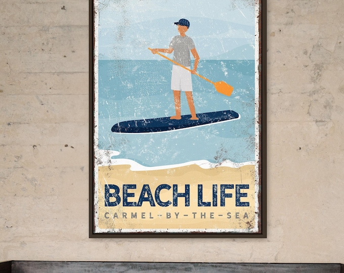 navy BEACH LIFE SIGN, vintage paddle board art, for beach house decor, personalized paddle boarding canvas, carmel by the sea wall art {vpb}