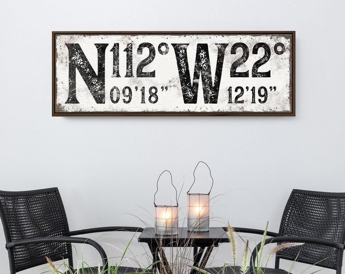 Custom COORDINTAES SIGN, Latitude and Longitude Sign in Black and White, GPS Coordinates Wall Art, Faux Weathered Wood or Rusty Metal {scw}