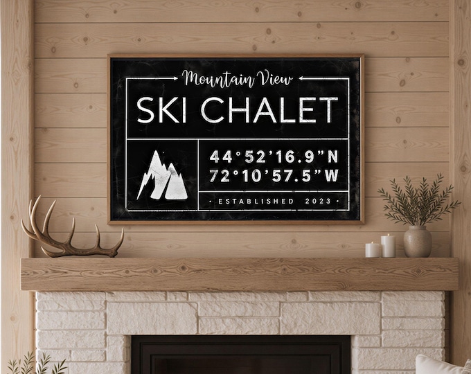 Custom Mountain Chalet Sign, Family Name and GPS Coordinates in Black and White
