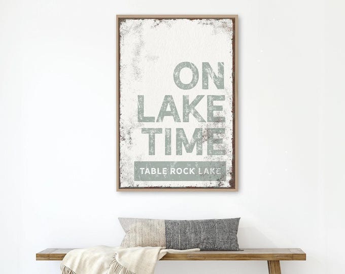 On Lake Time Wall Sign: Vintage Style, Sage Green - Framed Canvas