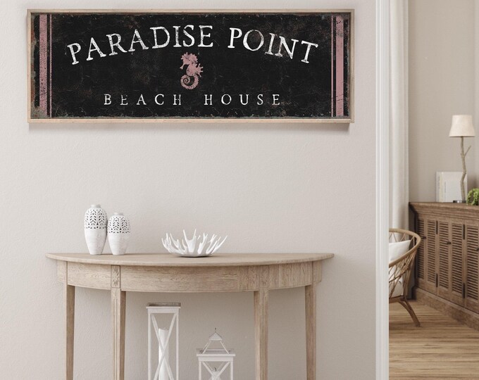 Vintage Beach House Sign: Custom Curved Text, Purple on Black