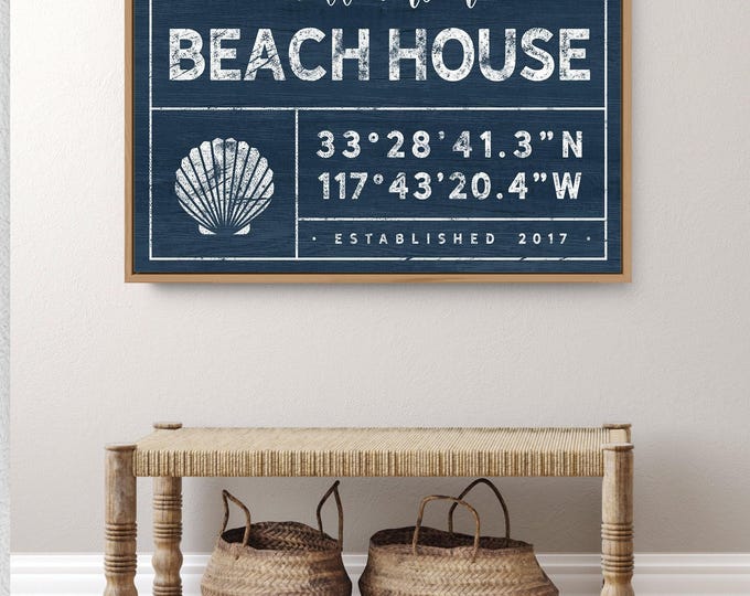 Beach House Sign, Nautical Canvas, Seashell Wall Art, Custom Last Name Plaque, Large Framed Coordinates Decor, Coastal Home Gift