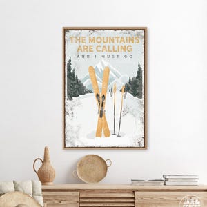Rustic Vintage Ski Poster, Yellow Mountain Wall Art, Personalized Ski Gift, Alpine Chalet Decor, Custom Canvas Print Sign {VPS}