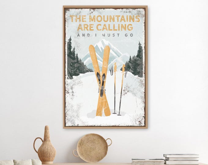 VIntage Ski Poster, The MOUNTAINS ARE CALLING Sign, Yellow Ski Mountain Wall Art, Can be Personalized, Vintage Ski Gift for Her {vpw}