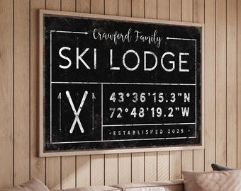 Muurkunst Ski Lodge: gepersonaliseerde familienaam (opties voor rustieke lijst)