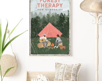 Vintage Camping Poster - Personalized Couple and Dog Cabin Decor
