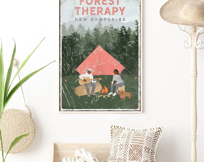 Vintage Camping Poster - Personalized Couple and Dog Cabin Decor