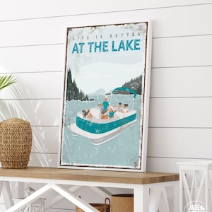 personalized FAMILY pontoon boat sign • Life is Better at the LAKE print, family of 4, with 2 dogs • teal blue lake house decor gift {vpl}