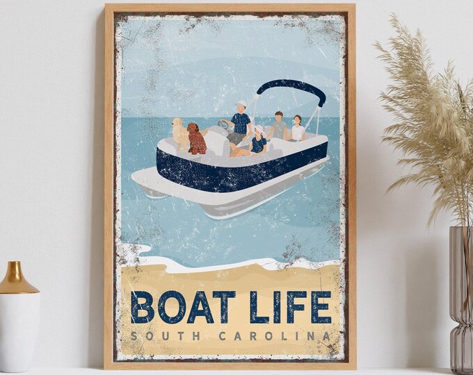 Pontoon Boat Family Canvas Print: Custom Dogs & Skin Tones (Navy Blue)