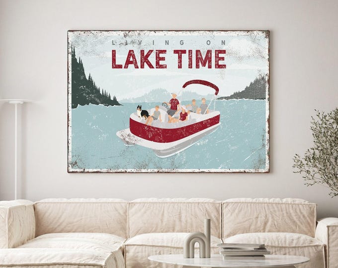 Lake House Wall Art: Family Pontoon Boat with Dog - Vintage Style