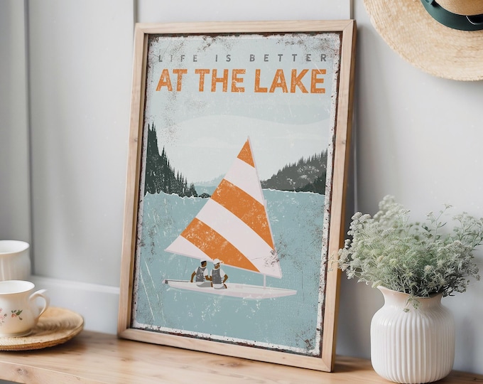 Cottage Lake Decor Sailboat Scene Sign With Your Lake Name In Orange And Teal