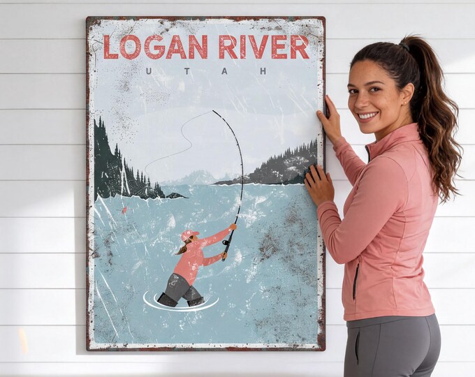 Fly Fishing Artwork Lake Decor, Logan River Utah Angler, Pink Lake Fisherman Gift