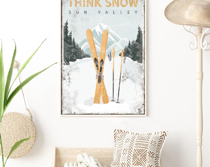 vintage THINK SNOW Poster, Custom Ski Mountain Wall Art, Ski Gift for Boyfriend, Yellow Ski House Decor, Vintage Sun Valley Ski Art {vpw}