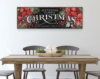Custom Christmas Sign - Vintage Poinsettia with Red Berry Accents