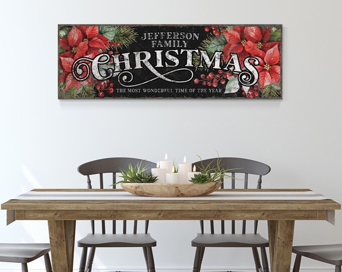 Custom Christmas Sign - Vintage Poinsettia with Red Berry Accents