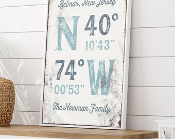 Coordinates Wall Art: Custom Name and Location - Dusty Blue Rustic Print