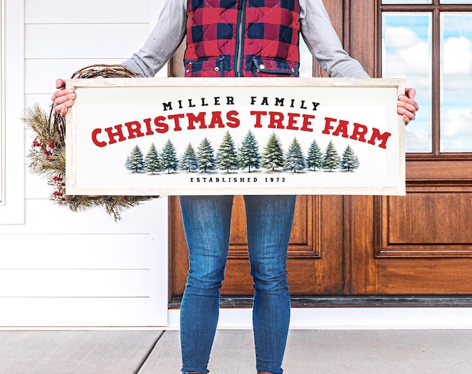 Tree Farm Sign Custom Last Name Red Green and White Rustic Christmas Decor