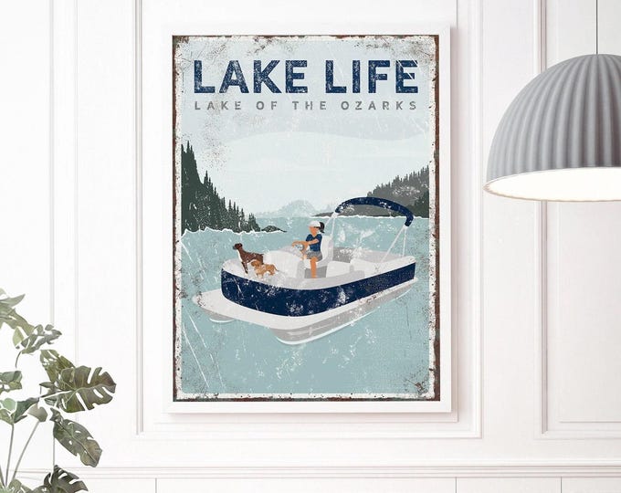 Lake Life Wall Art, Pontoon Boat and Dog (Custom Text, Navy Blue)