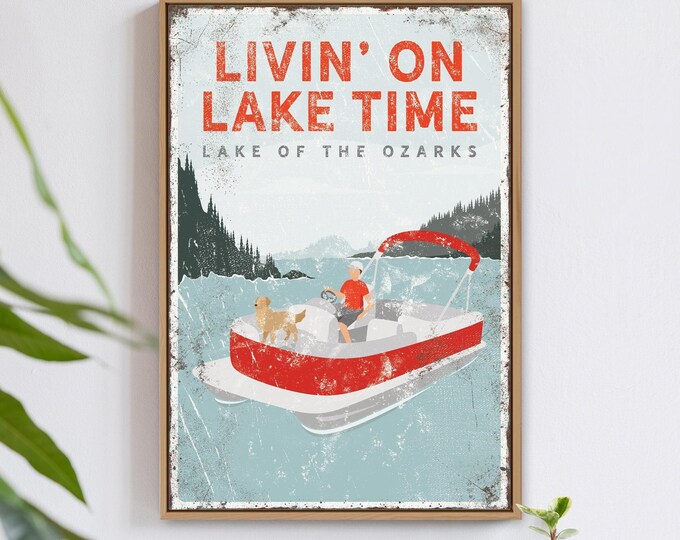 vintage Livin on Lake Time sign, red PONTOON boat art, man with Golden Retriever on boat, can be personalized, for lake house decor {vpl}