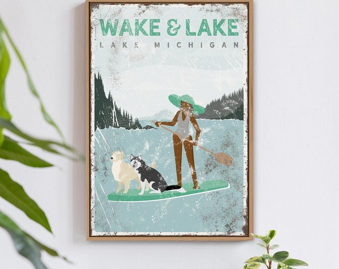 mint WAKE and LAKE sign, custom paddleboarding poster, SUP, vintage lake house decor, white golden retriever and husky, custom dog art {vpl}
