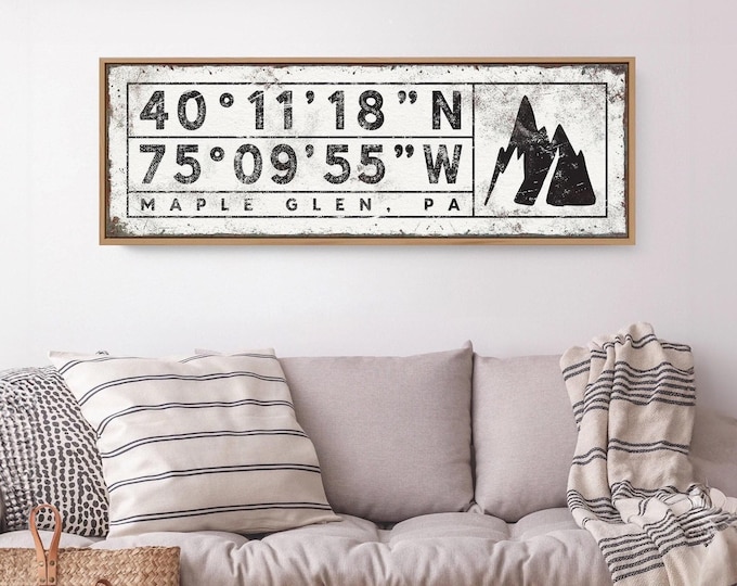Peaks and coordinates on a mountain sign, your place name in black and white