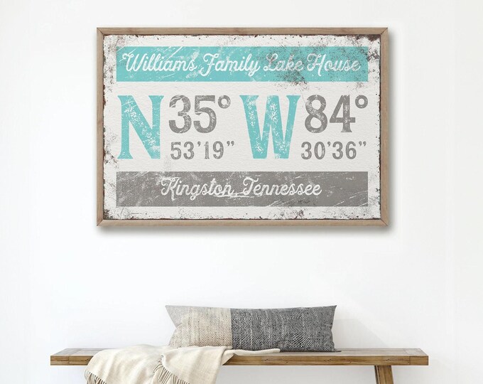 Coordinates Wall Art: Personalized Lake House Sign (Aqua Blue and Gray)
