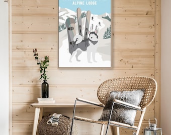 Alpine Lodge Snowboard Wall Art, Custom Dog Name and Lodge Name, Crossed Skis