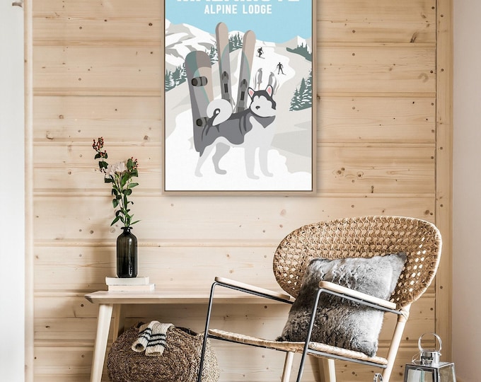 Alpine Lodge Snowboard Wall Art, Custom Dog Name and Lodge Name, Crossed Skis