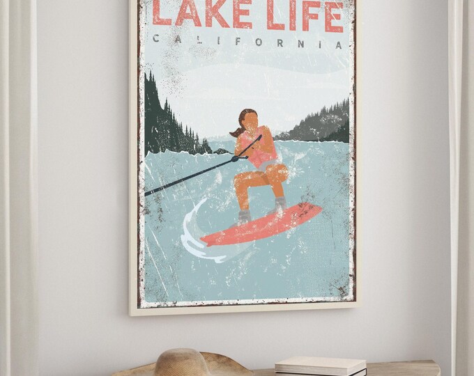 Gift For Wakeboarder, Coral Wakeboard Print For Your Lake Life In California