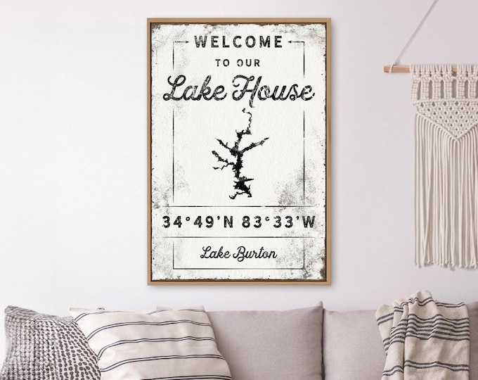 custom LAKE HOUSE sign > personalized boho canvas with coordinates, rustic farmhouse art print for lakehouse decor (Lake Burton shown) {lgw}