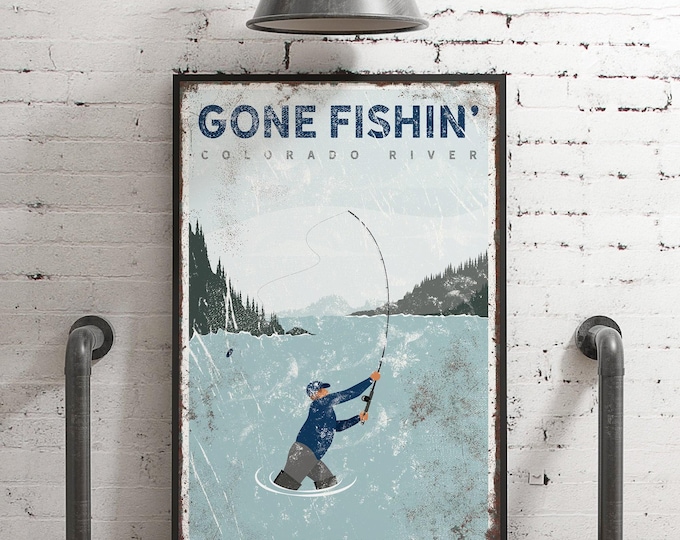 Gone fishing Colorado River poster > custom vintage fly fishing art print for lake house decor, nautical decor housewarming gift {vpl}