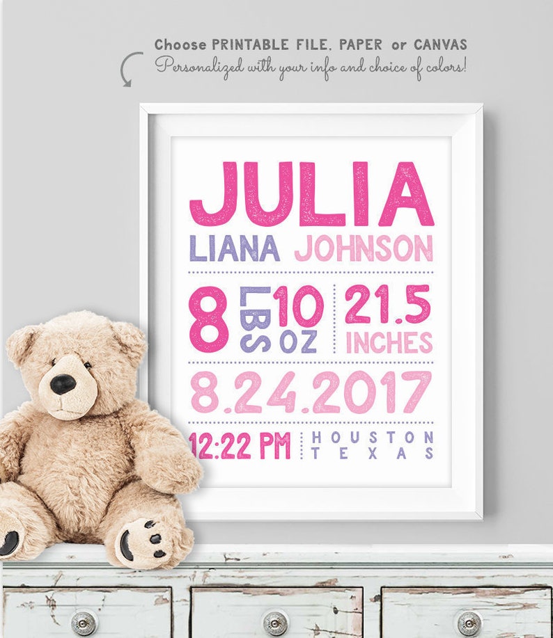 birth stats sign / personalized nursery poster / custom wall art print / CORAL PINK GOLD nursery girl Paper, Canvas or Printable image 4