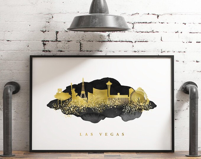 Las Vegas Skyline Wall Art - Custom Faux Gold and Black Watercolor