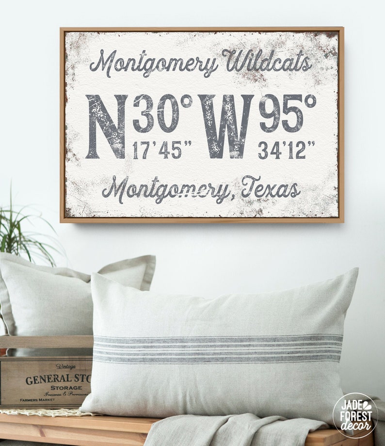 distressed longitude latitude canvas for rustic farmhouse decor {gpw} slate gray COORDINATES sign personalized last name art print
