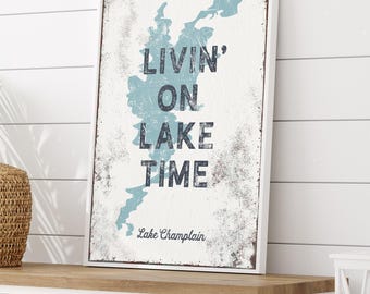 Blue Lake Map Sign, Dusty Blue And Gray, Personalized Lake Champlain Wall Art