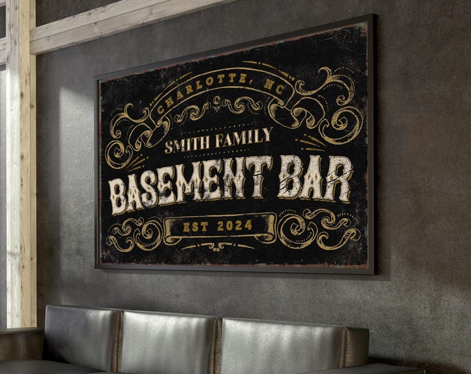 Vintage BASEMENT BAR Sign, Personalized Gift for Dad, Custom Speakeasy or Brewery Style Decor, Large Black Canvas Wall Art for Above Couch