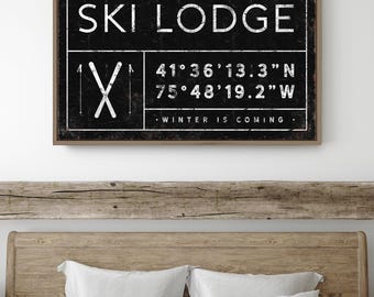 Rustic Family Name Sign: Custom Coordinates, Ski Lodge Wall Art