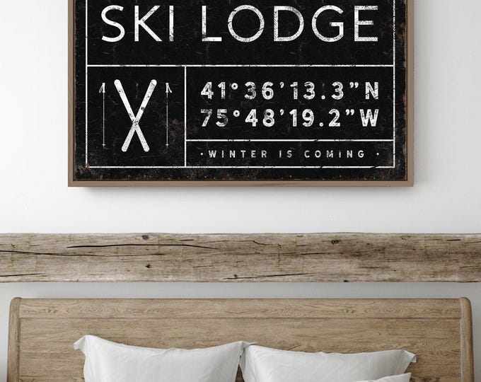 Rustic Family Name Sign: Custom Coordinates, Ski Lodge Wall Art