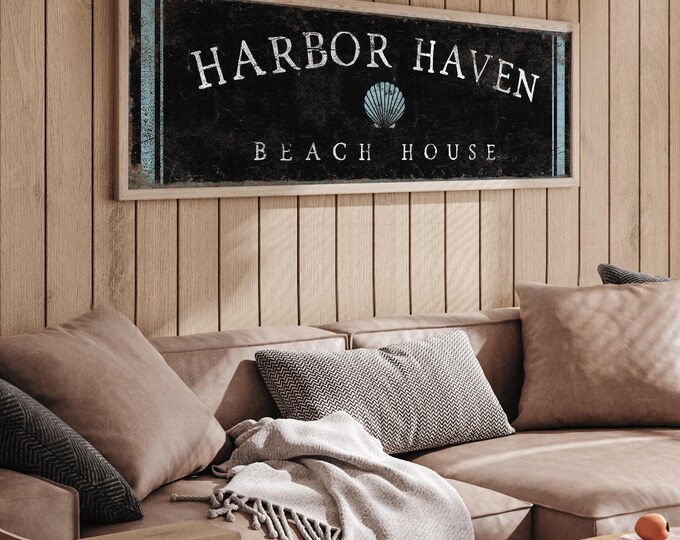 Beach House Canvas Print, Long Skinny Design, Seashell Icon (Custom Text)