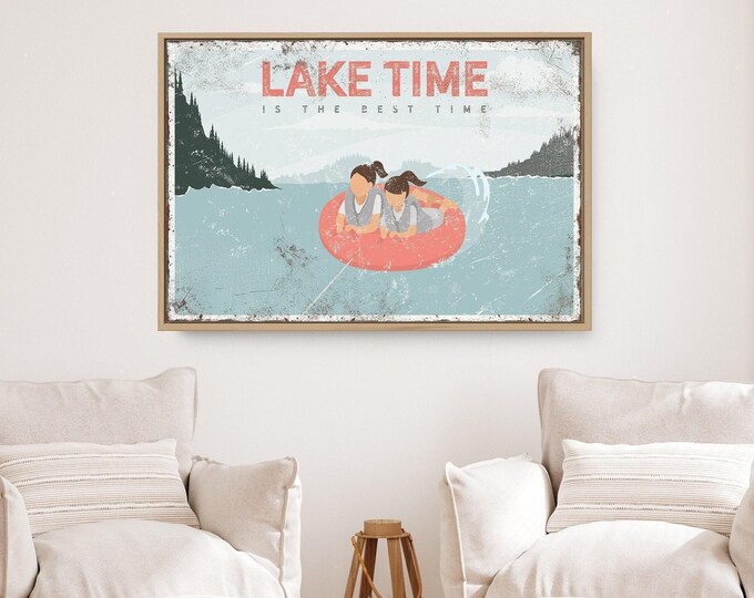 Tube Lake Sign, Coral Inner Tube Lake Scene, Personalized Family Lake Time Wall Art