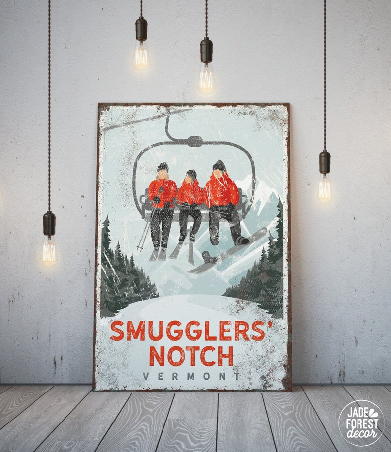 vintage ski lift poster for winter house decor, can be personalized, for mountain lodge, sample shown is Smuggler's Notch Vermont vph image 1