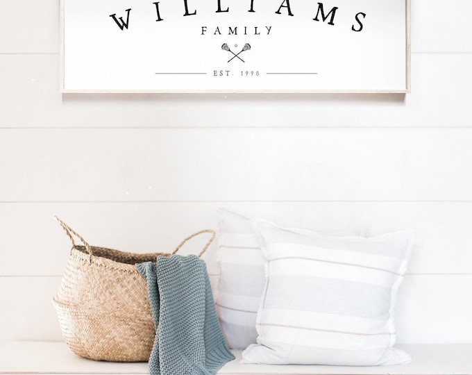 Custom crossed lacrosse sticks family est sign, personalized wall art gift